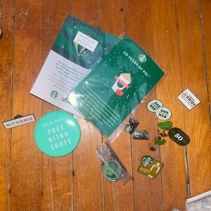 Starbucks Promotional Pins & Tan shirt and hat
